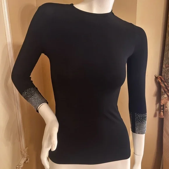 KIKIRIKI Black Long-Sleeve Crewneck Top with Crystal-Embellished Cuffs size S - Picture 4 of 15